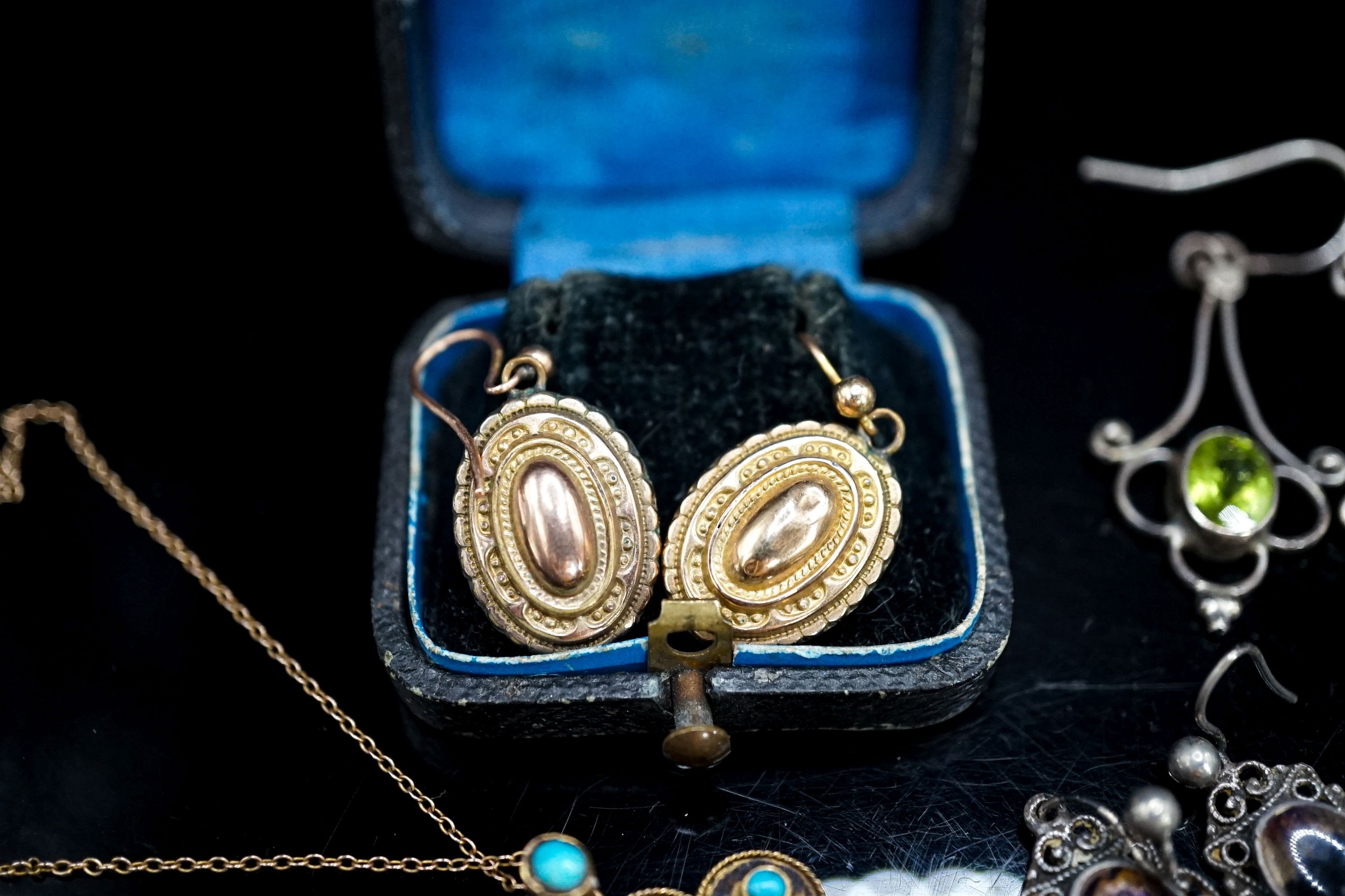 Eight assorted pairs of Victorian and later earrings including yellow metal and coral set, one odd earing and a pendant and two chains (some a.f.).